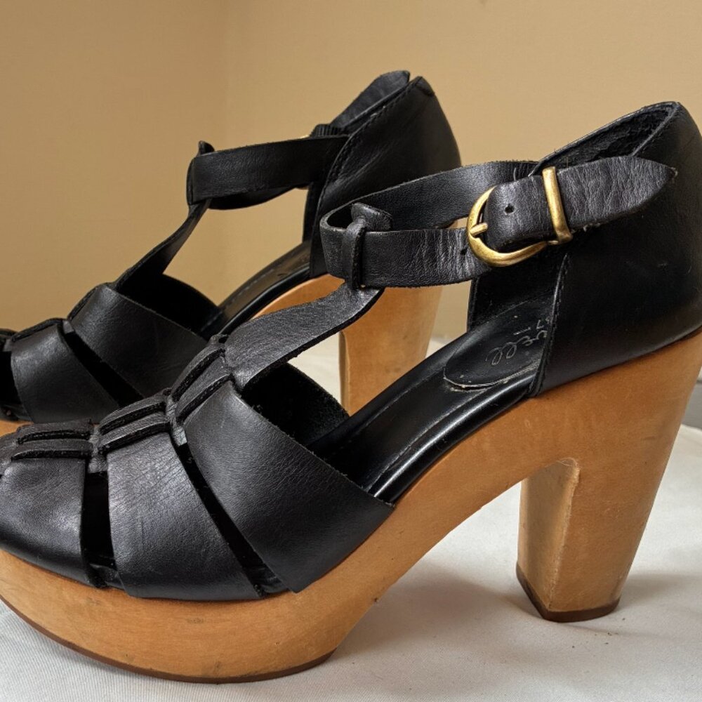 Madewell Black Leather Strappy Platform Heels with Wooden Block Heel